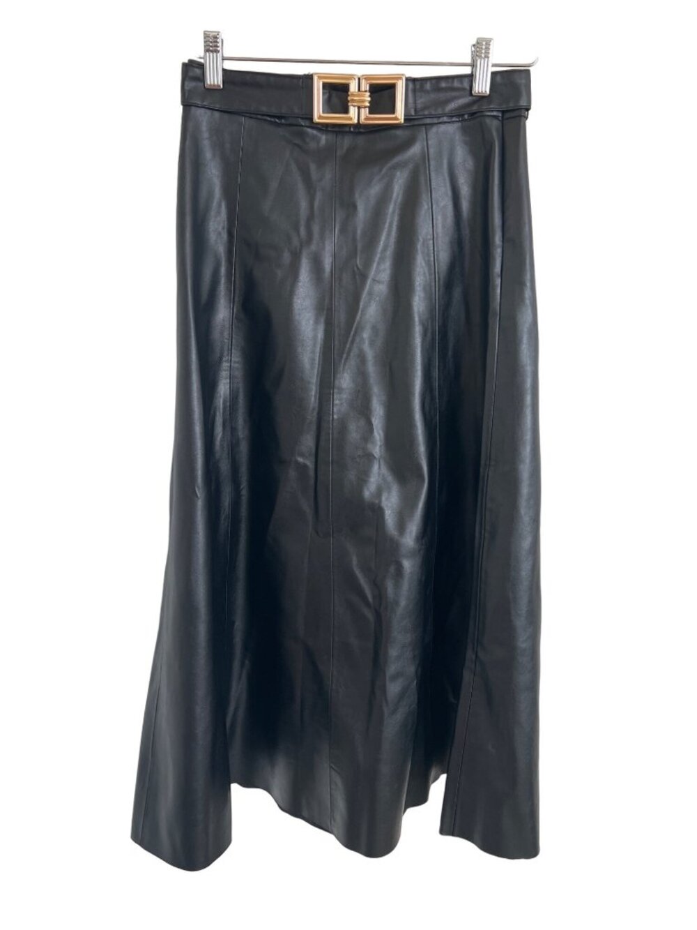 Zara Black Faux Leather Belted Midi Skirt With Gold Buckle
